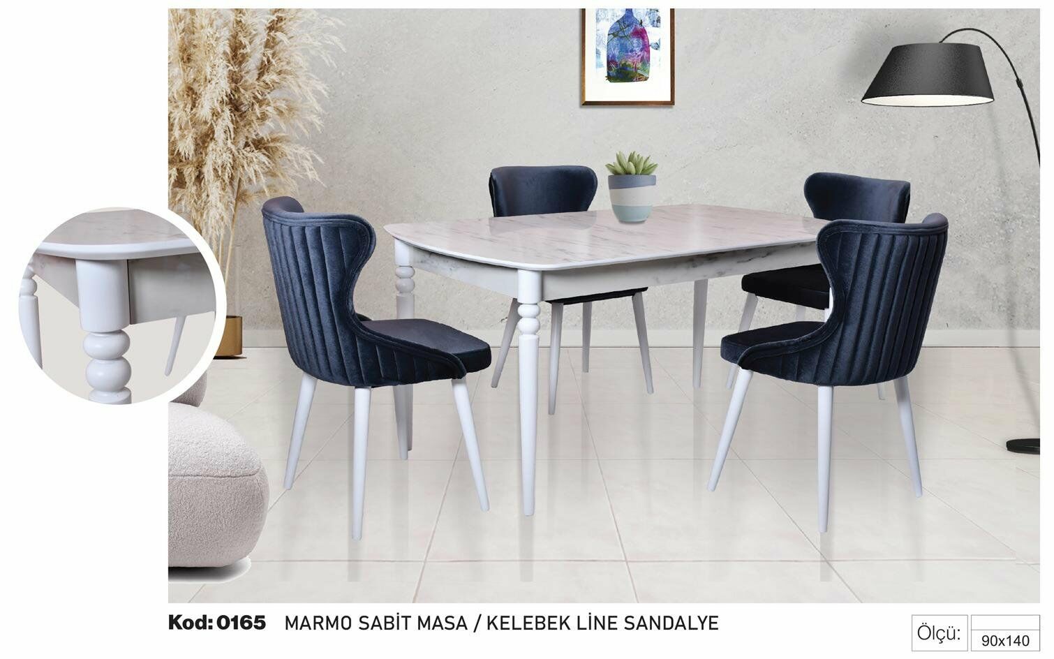 Marmo Sabit Masa Lacivert Kelebek Line Sandalye