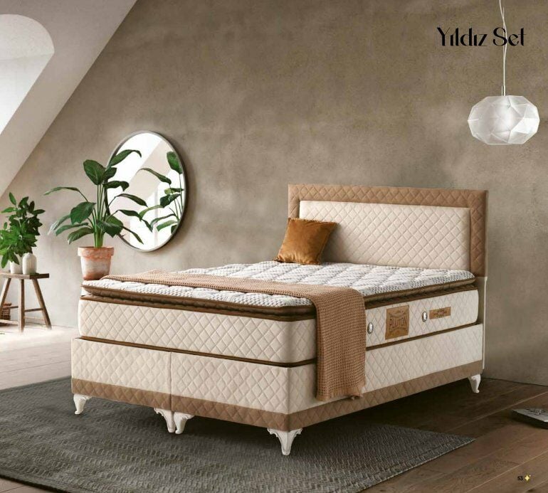 Yıldız Yatak + Baza + Başlık 3 ' Lü Set ( Plution Yatak 24 Cm , Pedli Kuş Tüyü Sünger)