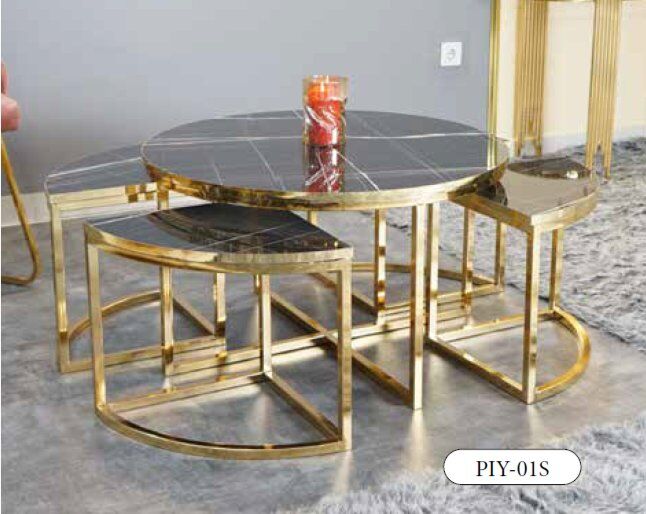 Mim Siyah Mermer - Gold Yuvarlak 4+1 Pizza Orta Sehpa