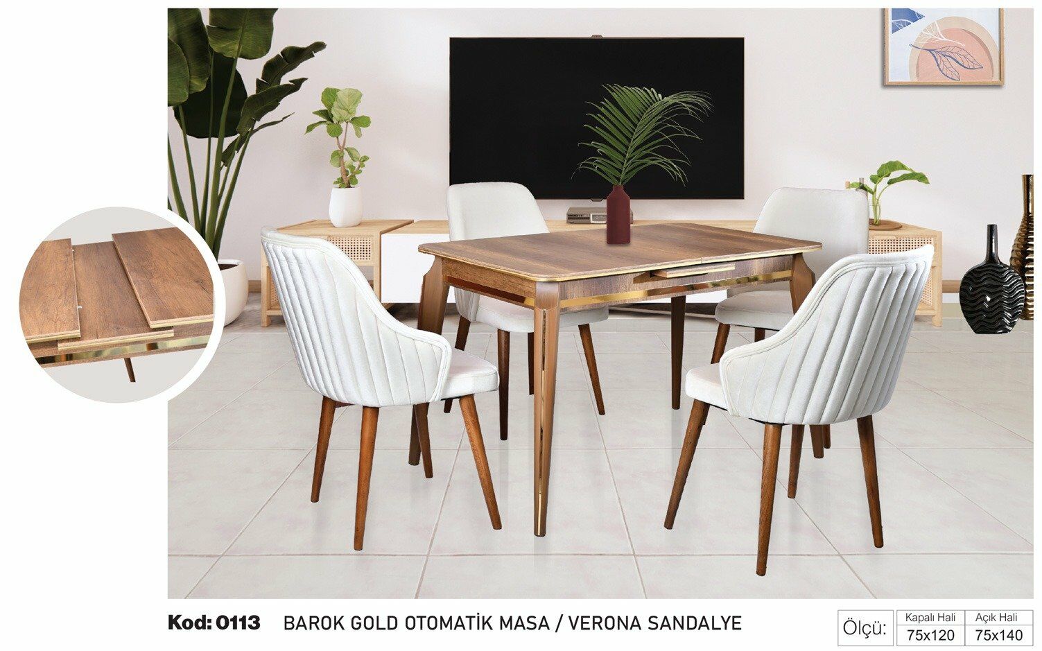 Barok Gold Kahve Otomatik Masa Krem Verona Sandalye
