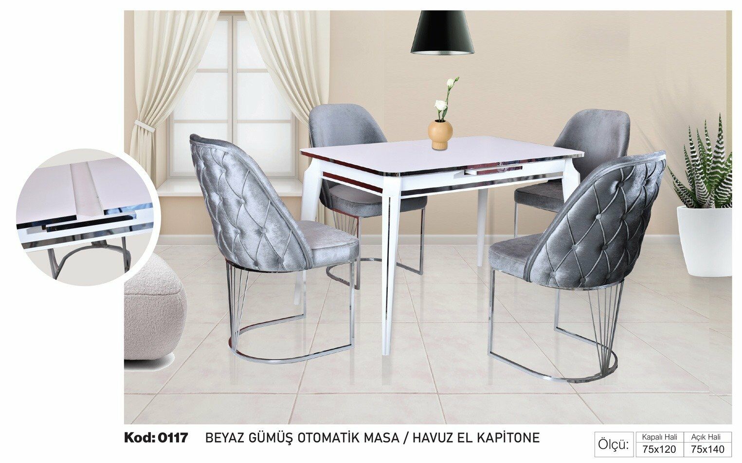 Beyaz Gümüş Otomatik Masa Gri Havuz El Kapitone Sandalye