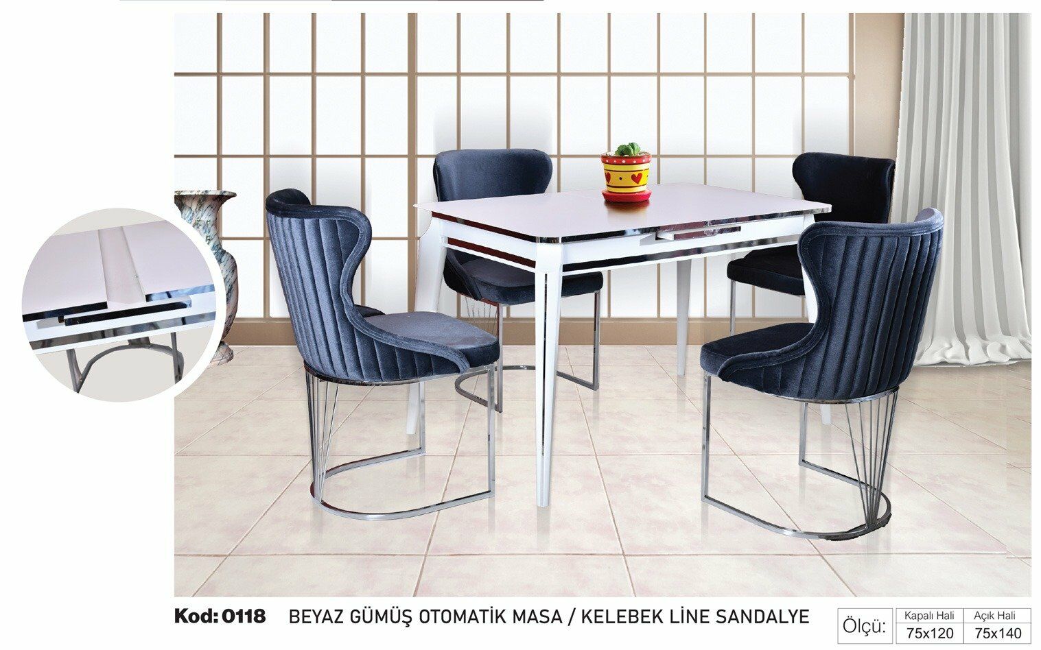 Beyaz Gümüş Otomatik Masa Lacivert Kelebek Line Sandalye