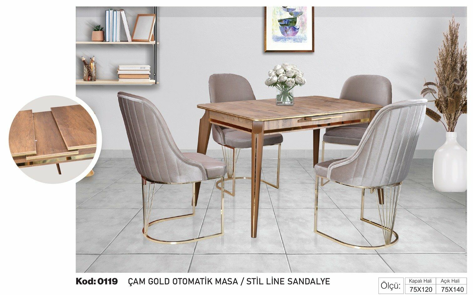 Çam Gold Kahverengi Otomatik Masa Kahverengi Stil Line Sandalye