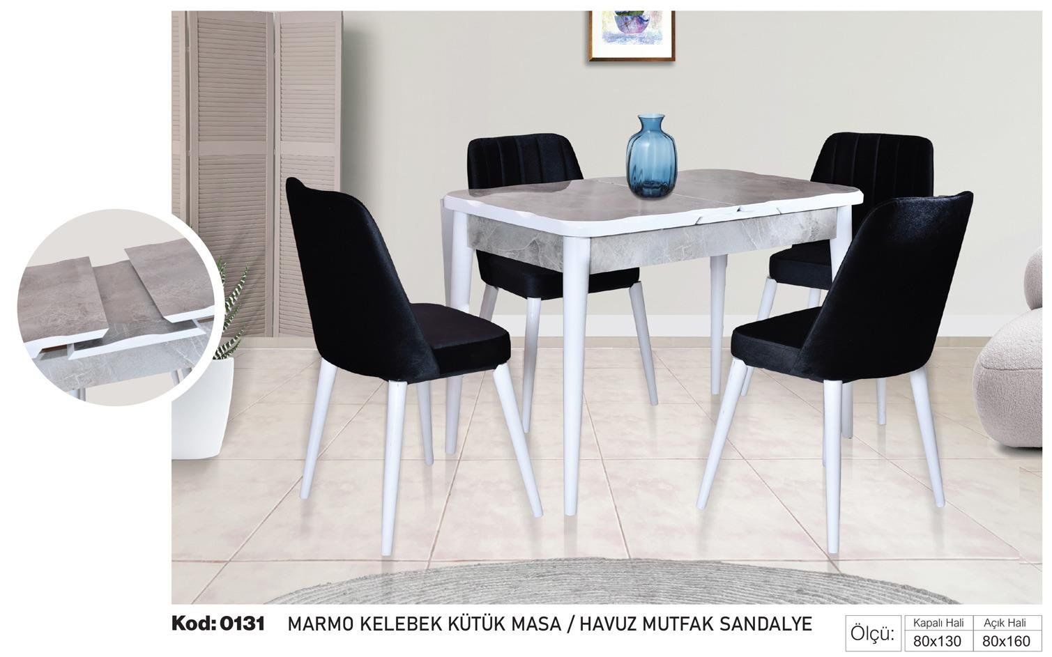 Marmo Kelebek Kütük Masa Siyah Havuz Mutfak Sandalye