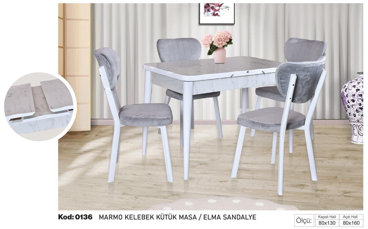 Marmo Kelebek Kütük Masa Elma Sandalye