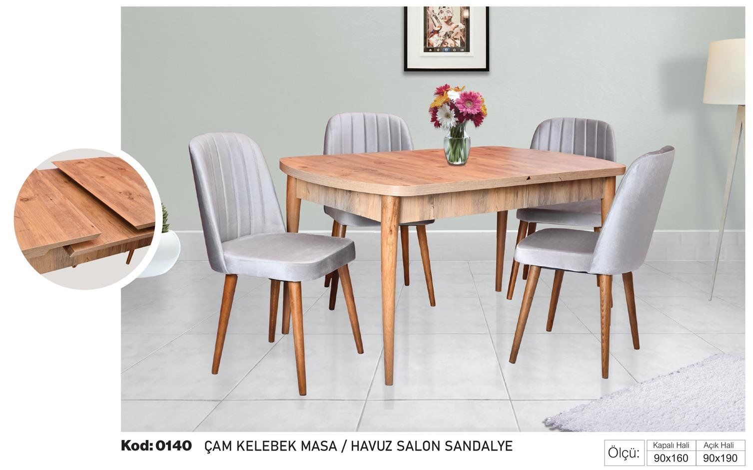 Çam Kelebek Masa Gri Havuz Salon Sandalye