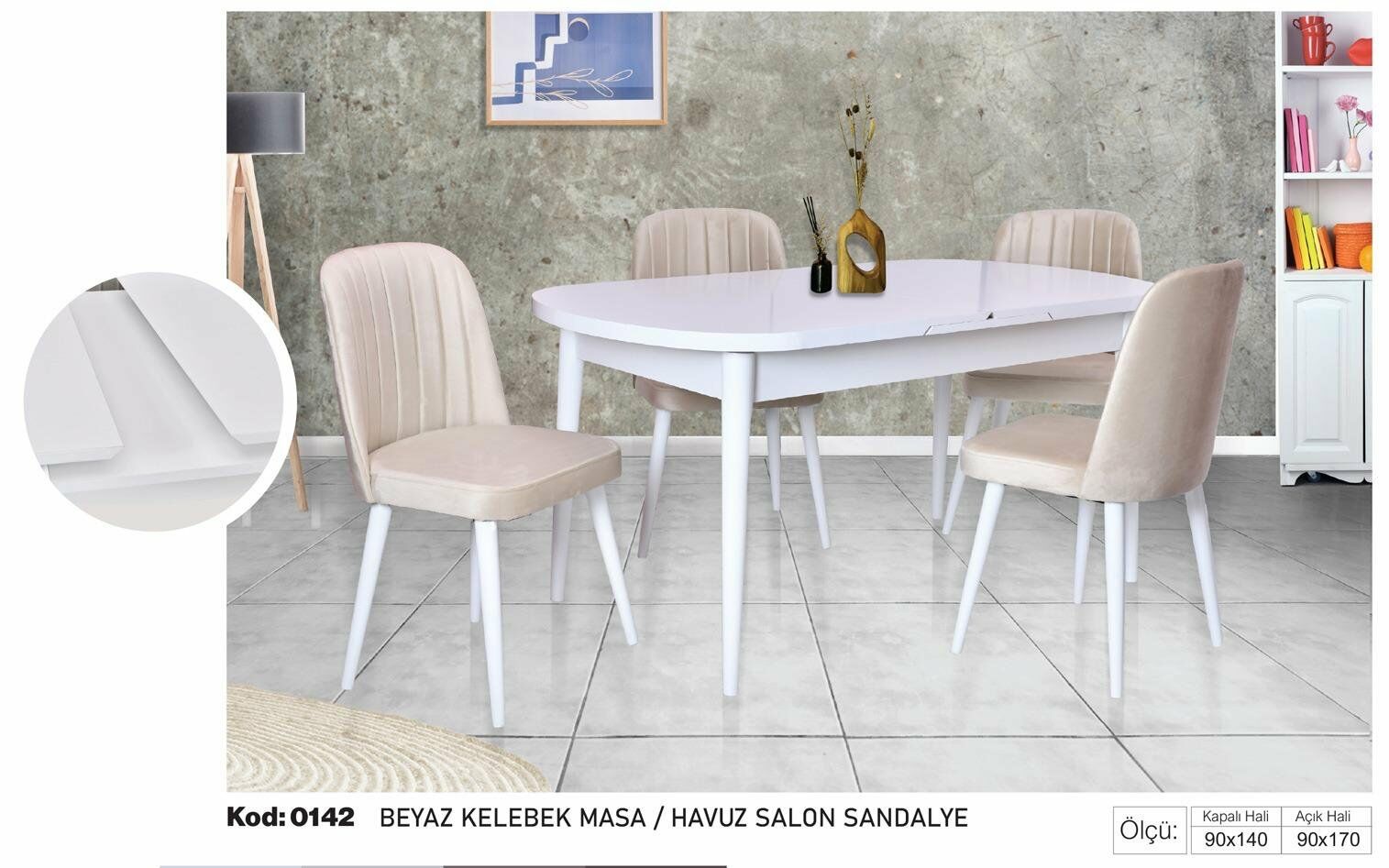 Beyaz Kelebek Masa Pudra Havuz Salon Sandalye