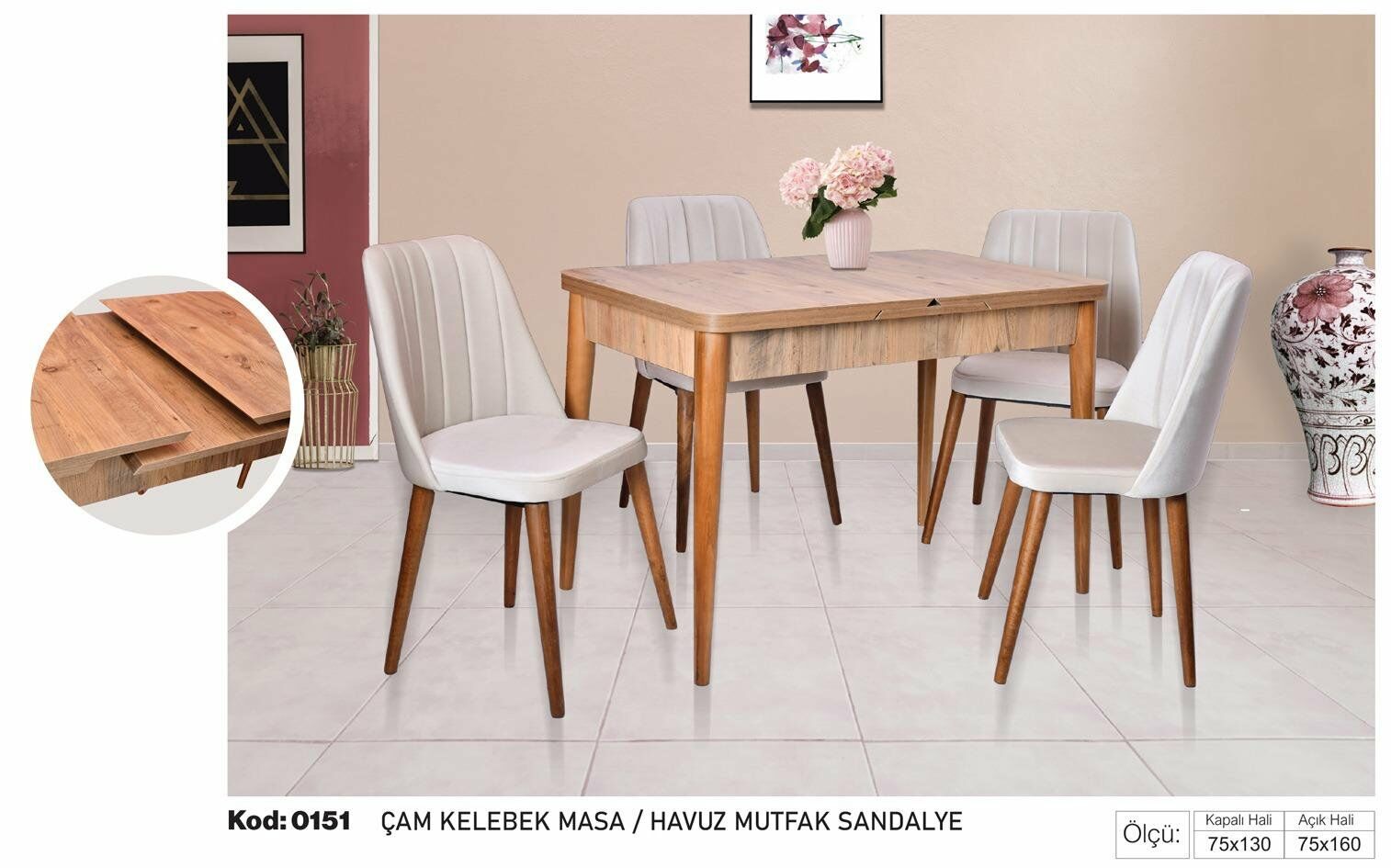 Çam Kelebek Masa Krem Havuz Mutfak Sandalye