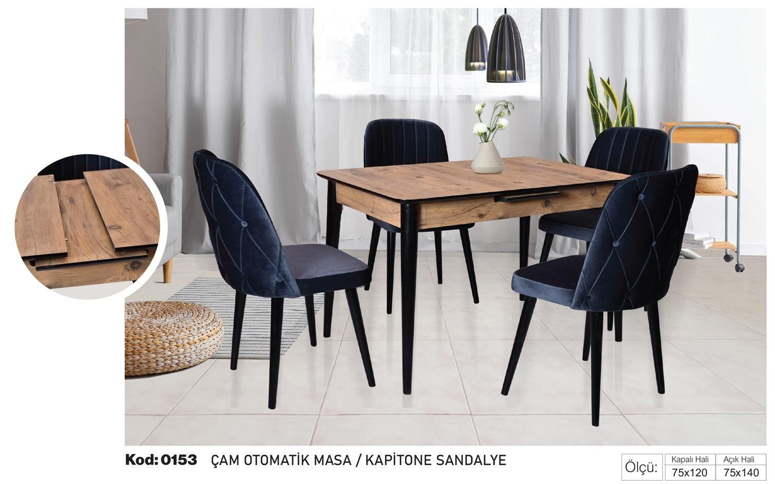 Çam Otomatik Masa Lacivert Kopitone Sandalye