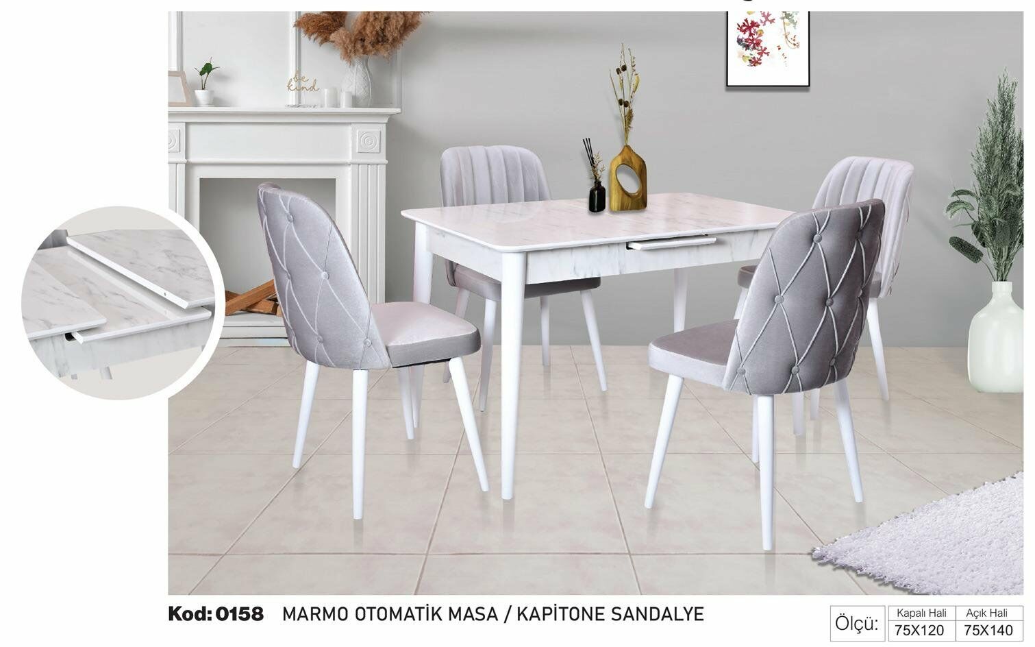 Marmo Beyaz Otomatik Masa Kapitone Sandalye