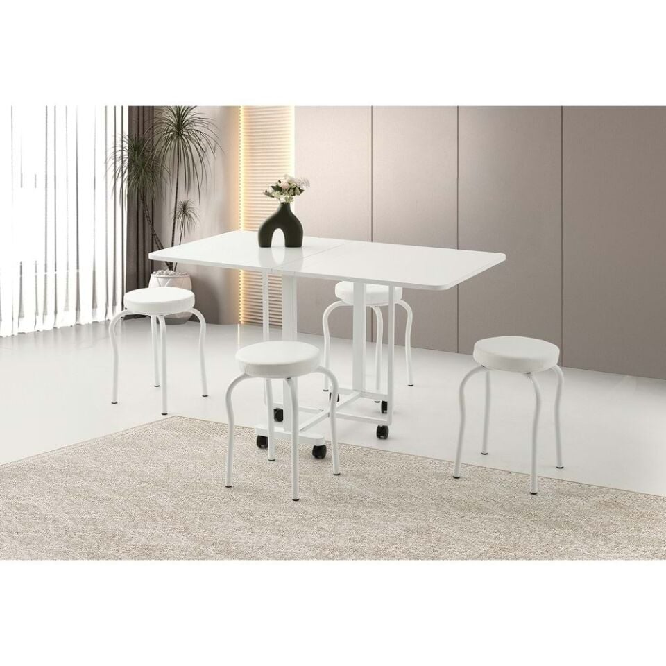 Mobilgen Beyaz 4 Adet Tabure Tekerlekli Katlanabilir Lizbon Masa Takımı