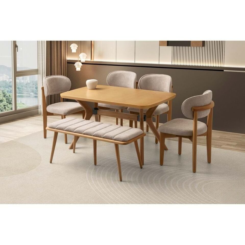 Mobilgen 4 Adet Nergis Sandalye - 1 Adet Deco Bench Rüya Masa Takımı