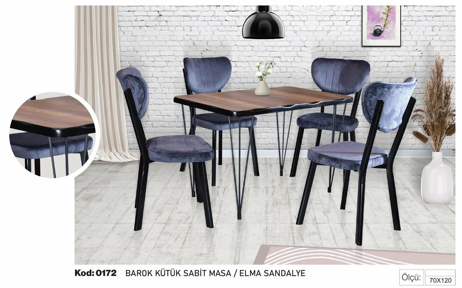Barok Kütük Sabit Masa Elma Sandalye