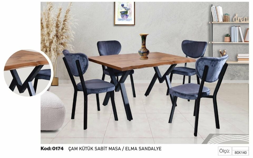 Çam Kütük Sabit Masa Elma Sandalye