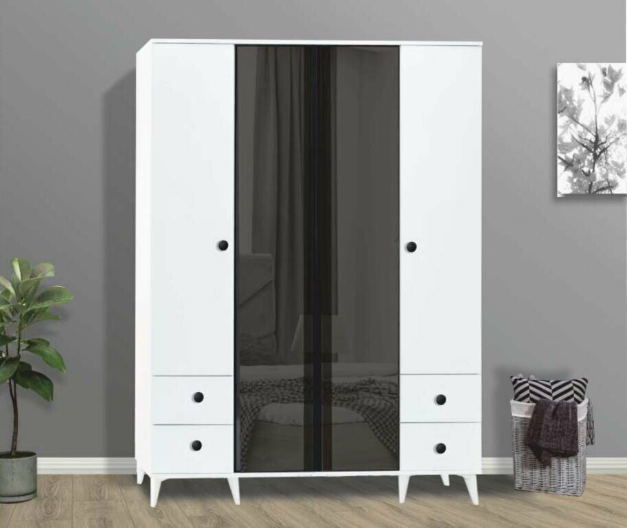 Karizma 4 Kapılı Çekmeceli Camlı Beyaz Dolap