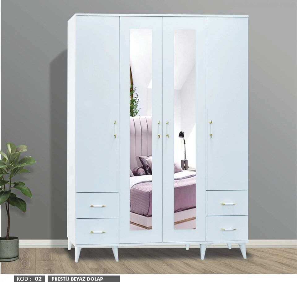 Prestij 4 Kapılı Çekmeceli Beyaz Aynalı Dolap