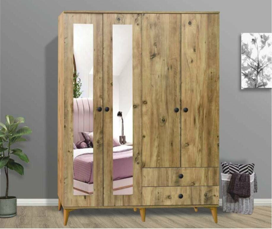 Zarif 4 Kapaklı Aynalı Çam Dolap