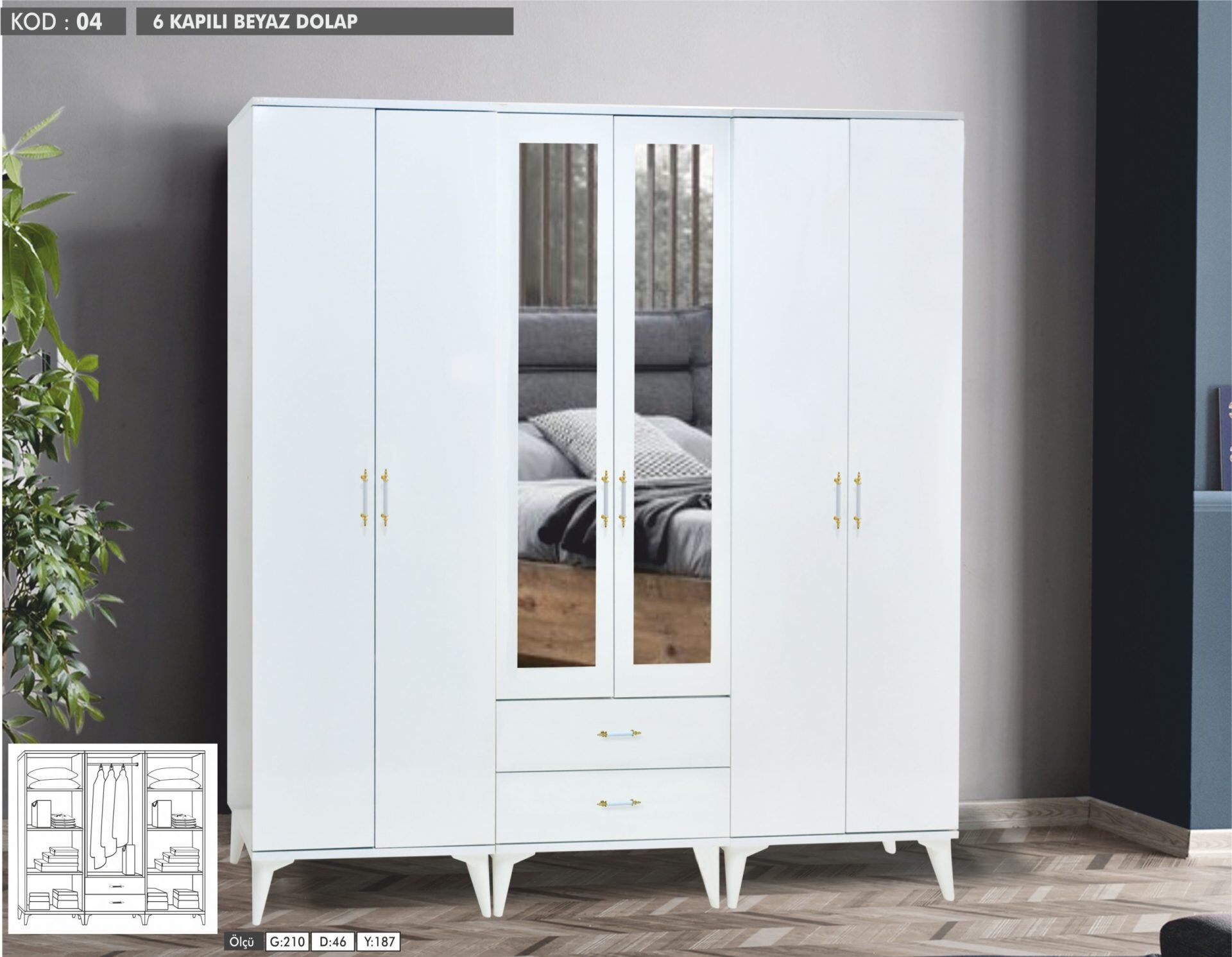 6 Kapılı Aynalı Beyaz Dolap