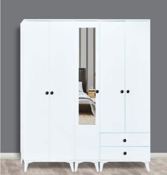 5 Kapılı Aynalı Beyaz Dolap