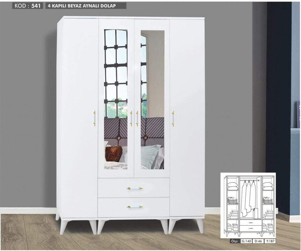 4 Kapılı Aynalı Beyaz Dolap