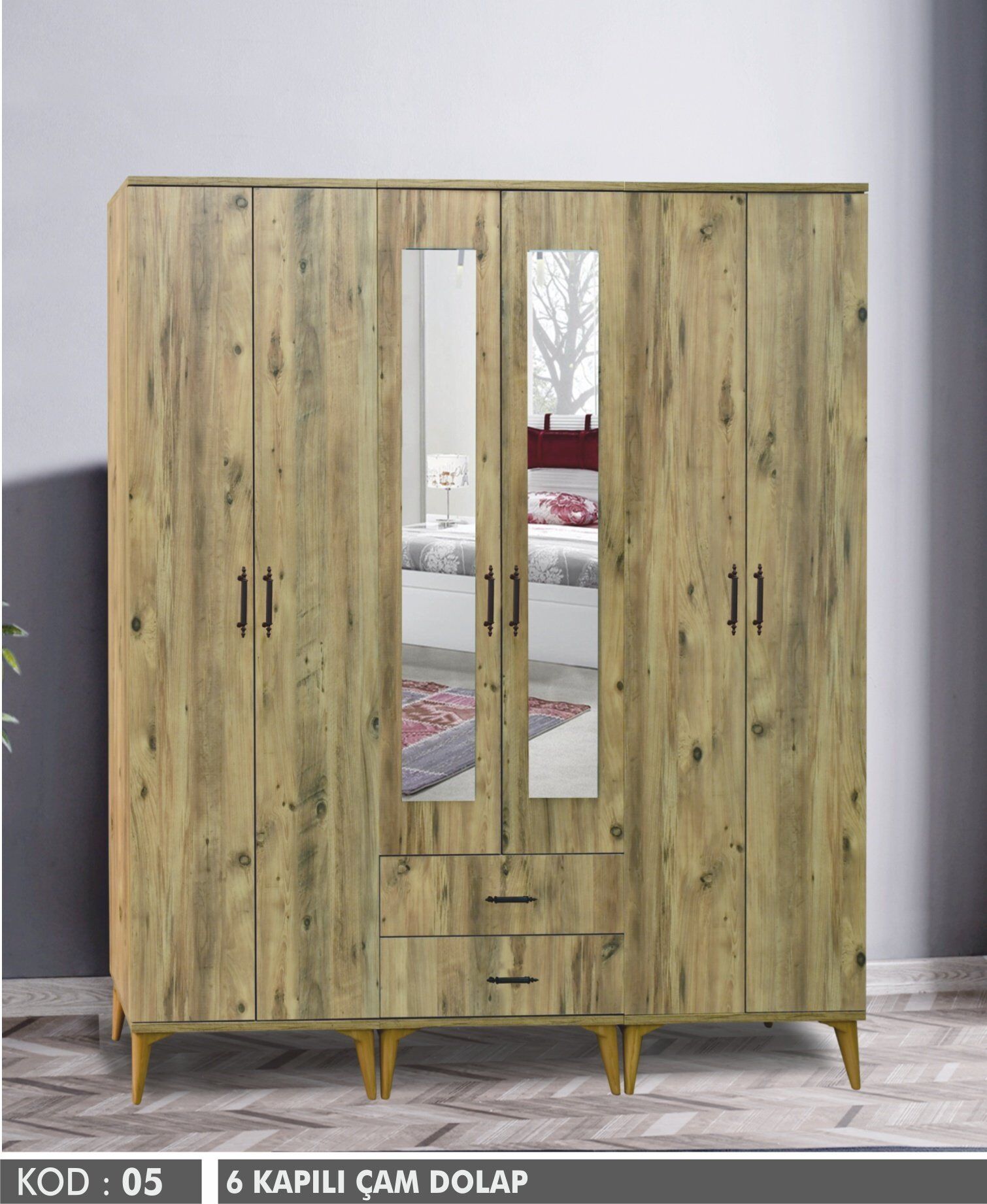 Maye 6 Kapılı Çam Aynalı Dolap