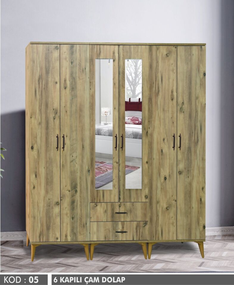Maye 6 Kapılı Çam Aynalı Dolap