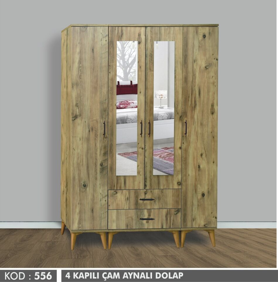 4 Kapılı Aynalı Çam Dolap