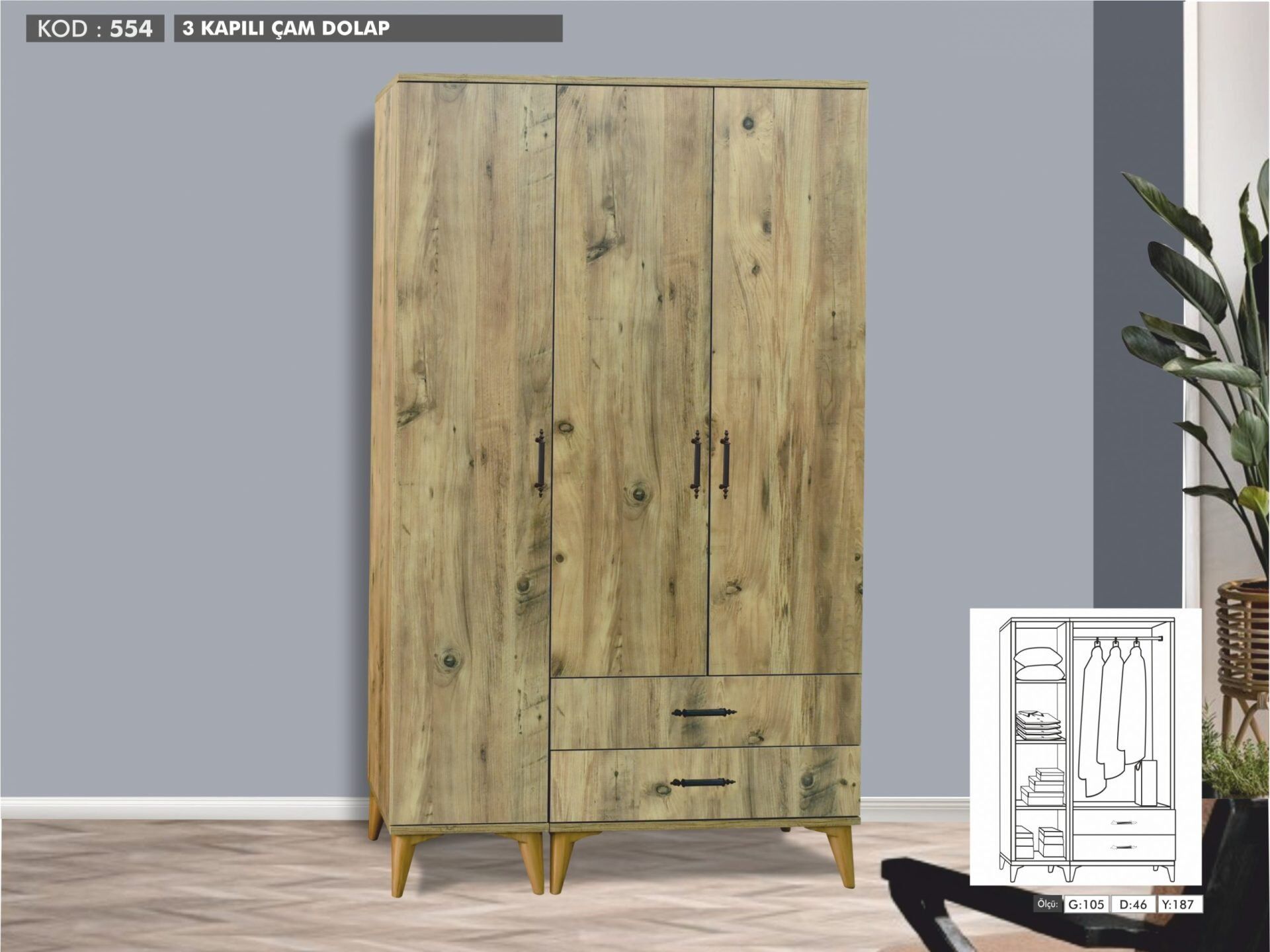 3 Kapılı Aynasız Çam Dolap