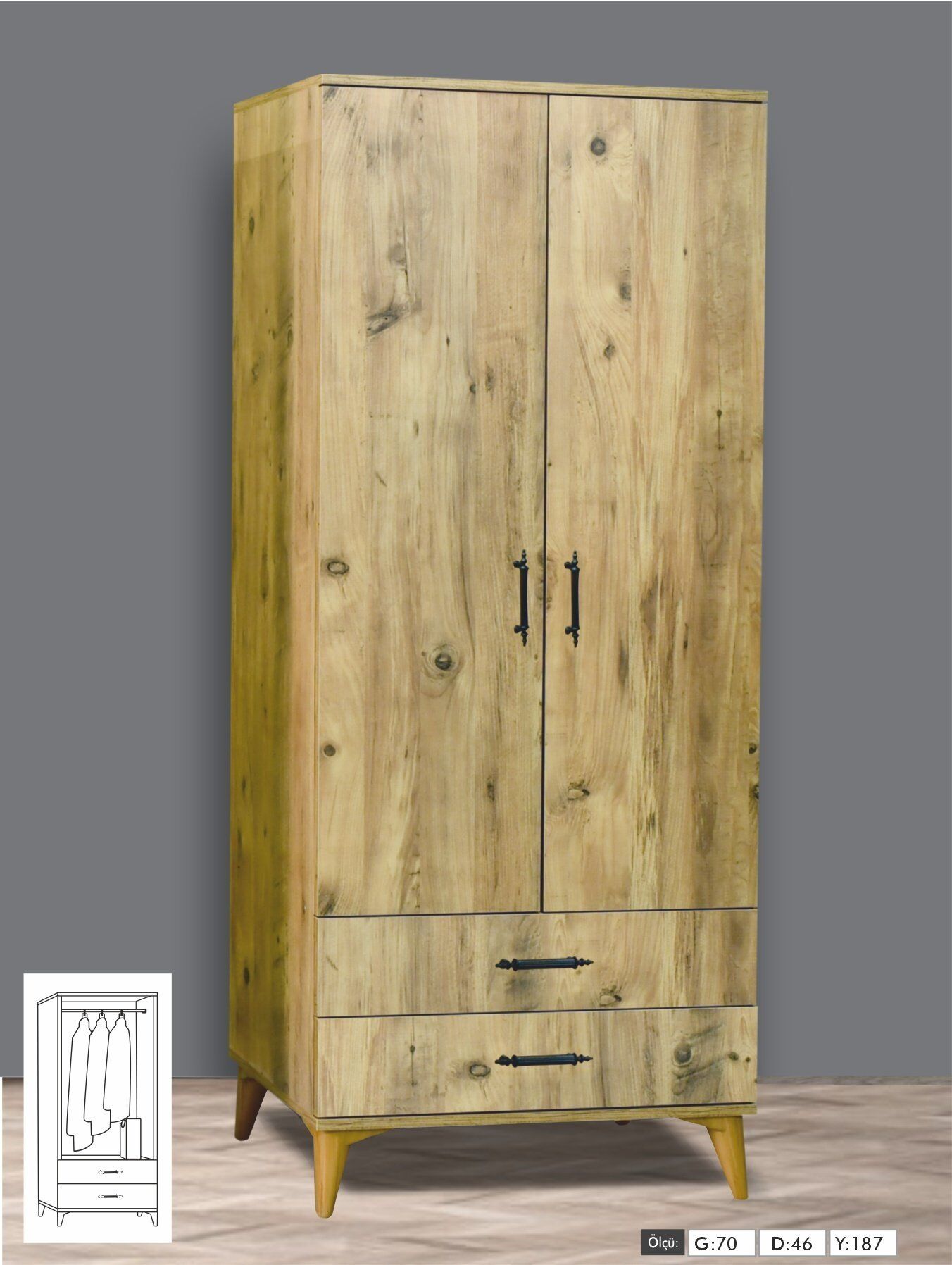 2 Kapılı Çekmeceli Aynasız Çam DOLAP