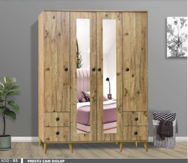 Prestij 4 Kapılı Aynalı Çam Dolap