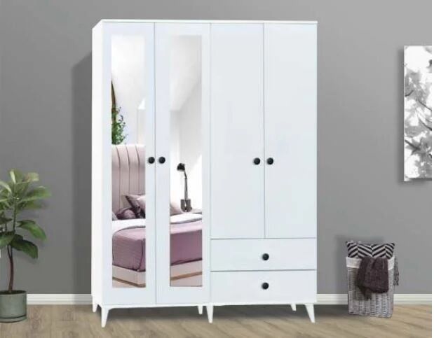 Zarif 4 Kapılı Aynalı Beyaz Dolap