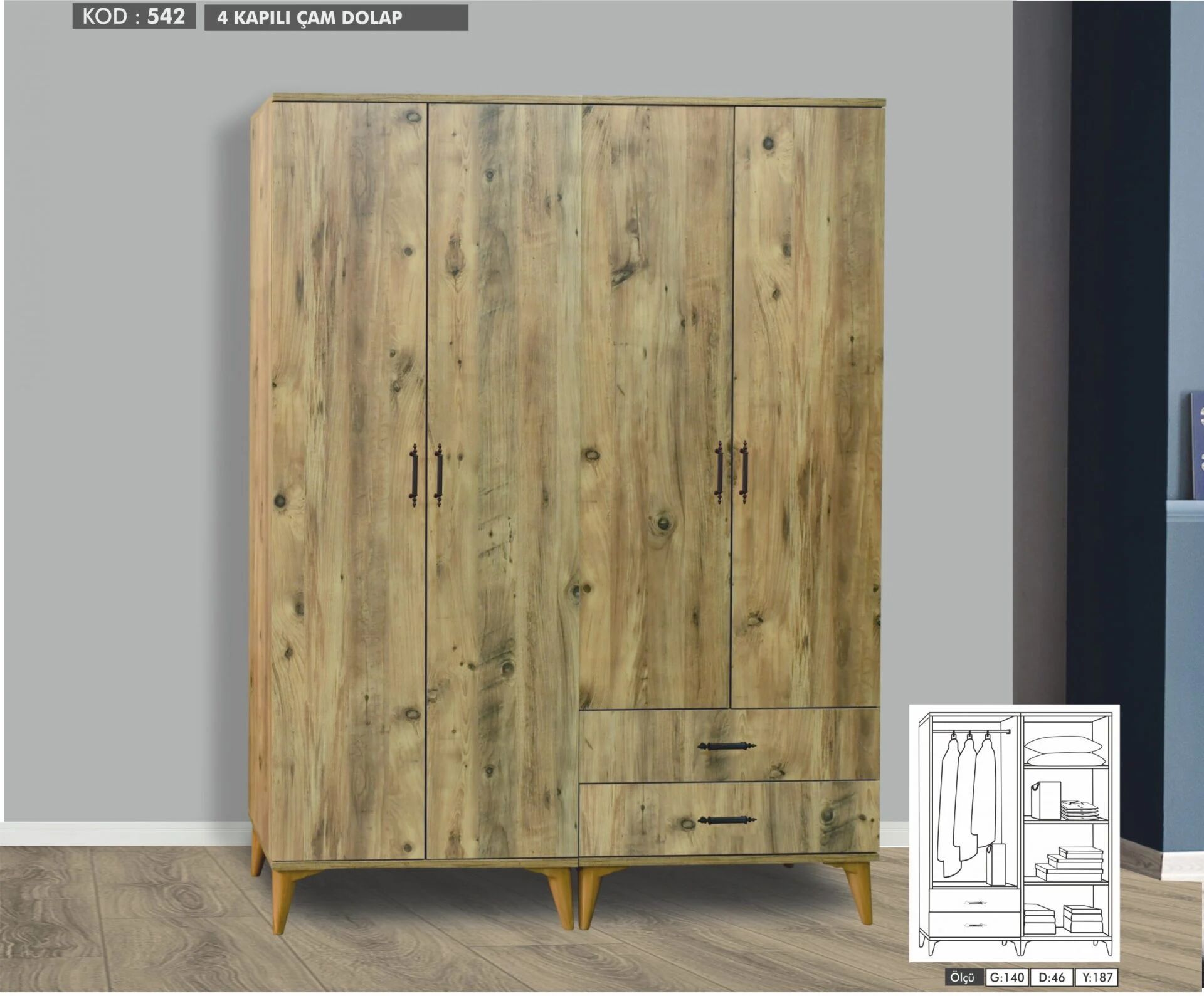 4 Kapılı Aynasız Çam Dolap