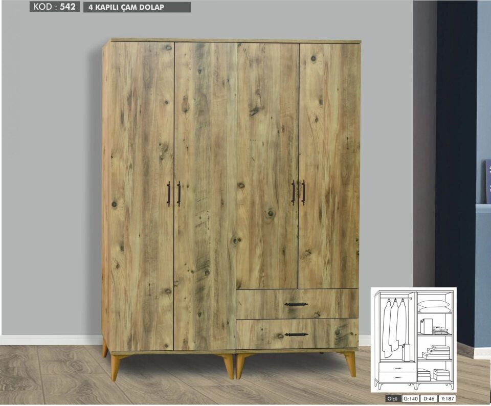 4 Kapılı Aynasız Çam Dolap