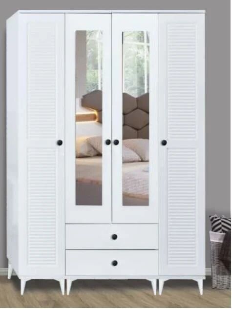 4 Kapılı Aynalı Uras Panjurlu Beyaz Dolap