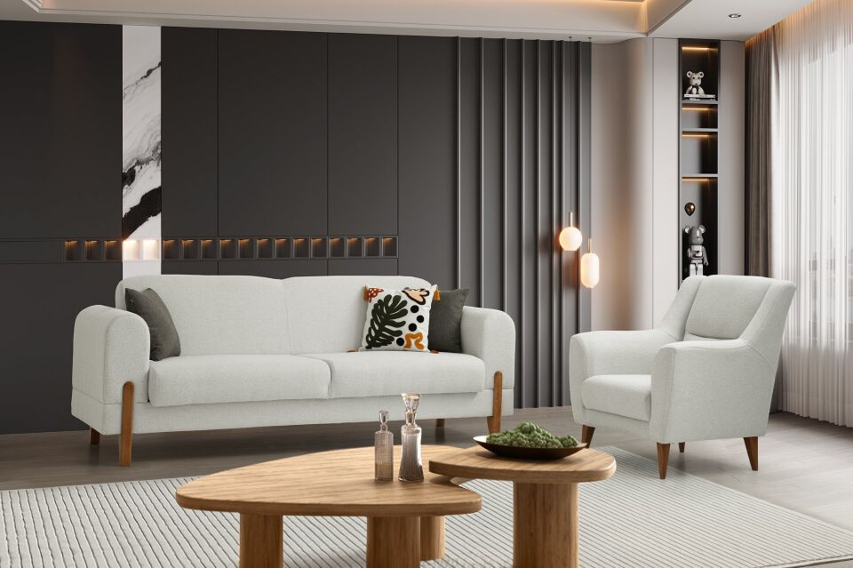 Zara Ahşap Ayaklı Beyaz 3 lü Kanepe