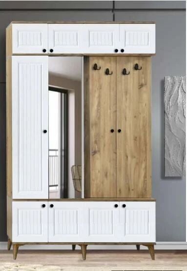 3 Kapılı Aynalı Yağmur Çam/Beyaz Portmanto