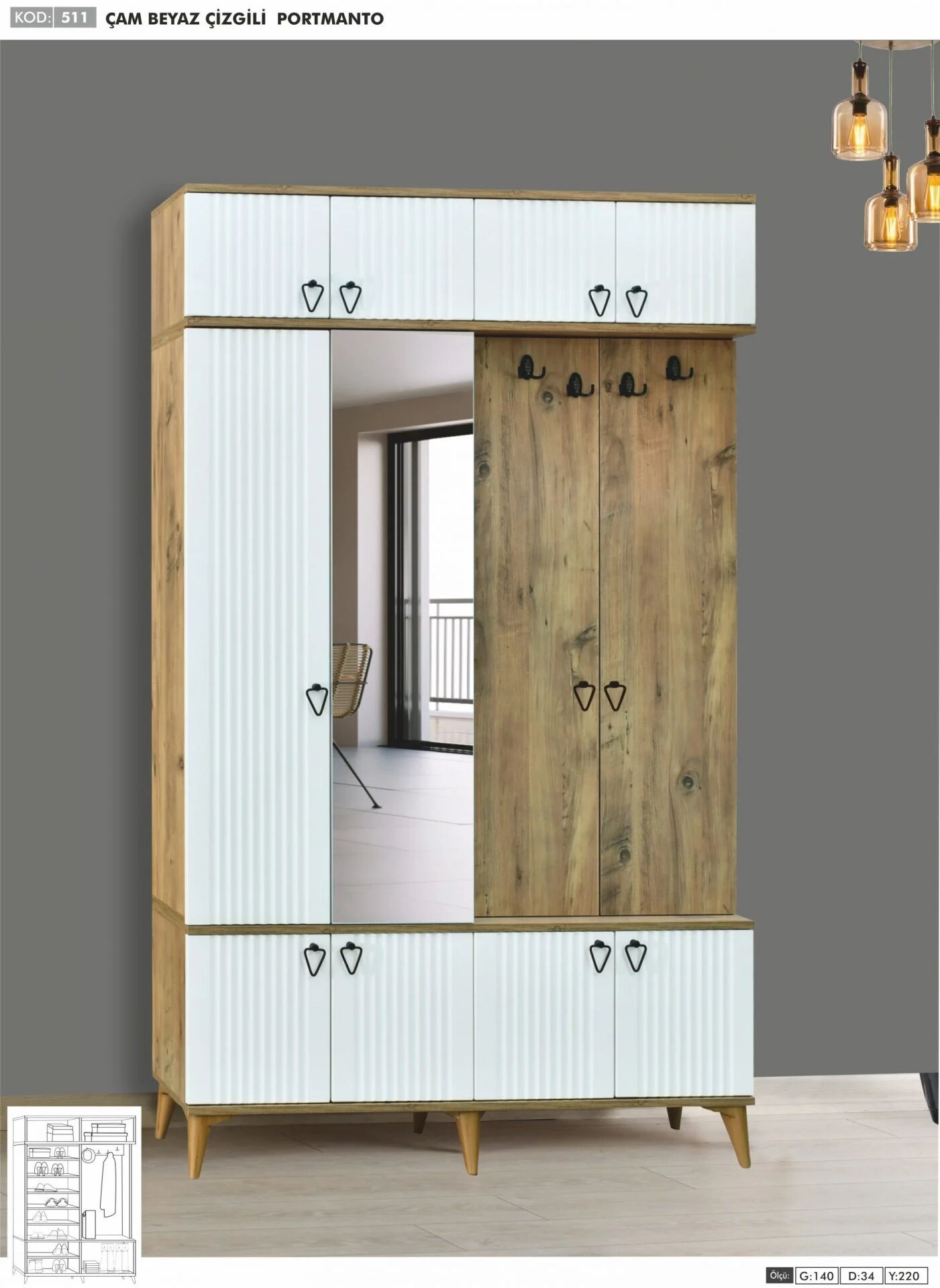 3 Kapılı Aynalı Çam/Beyaz Çizgili Portmanto