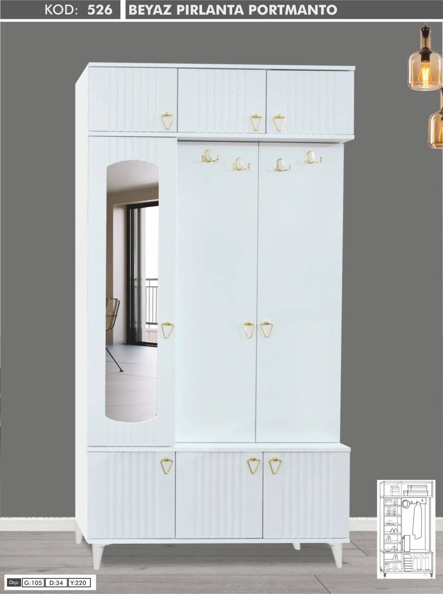 3 Kapılı Aynalı Beyaz Çizgili Portmanto