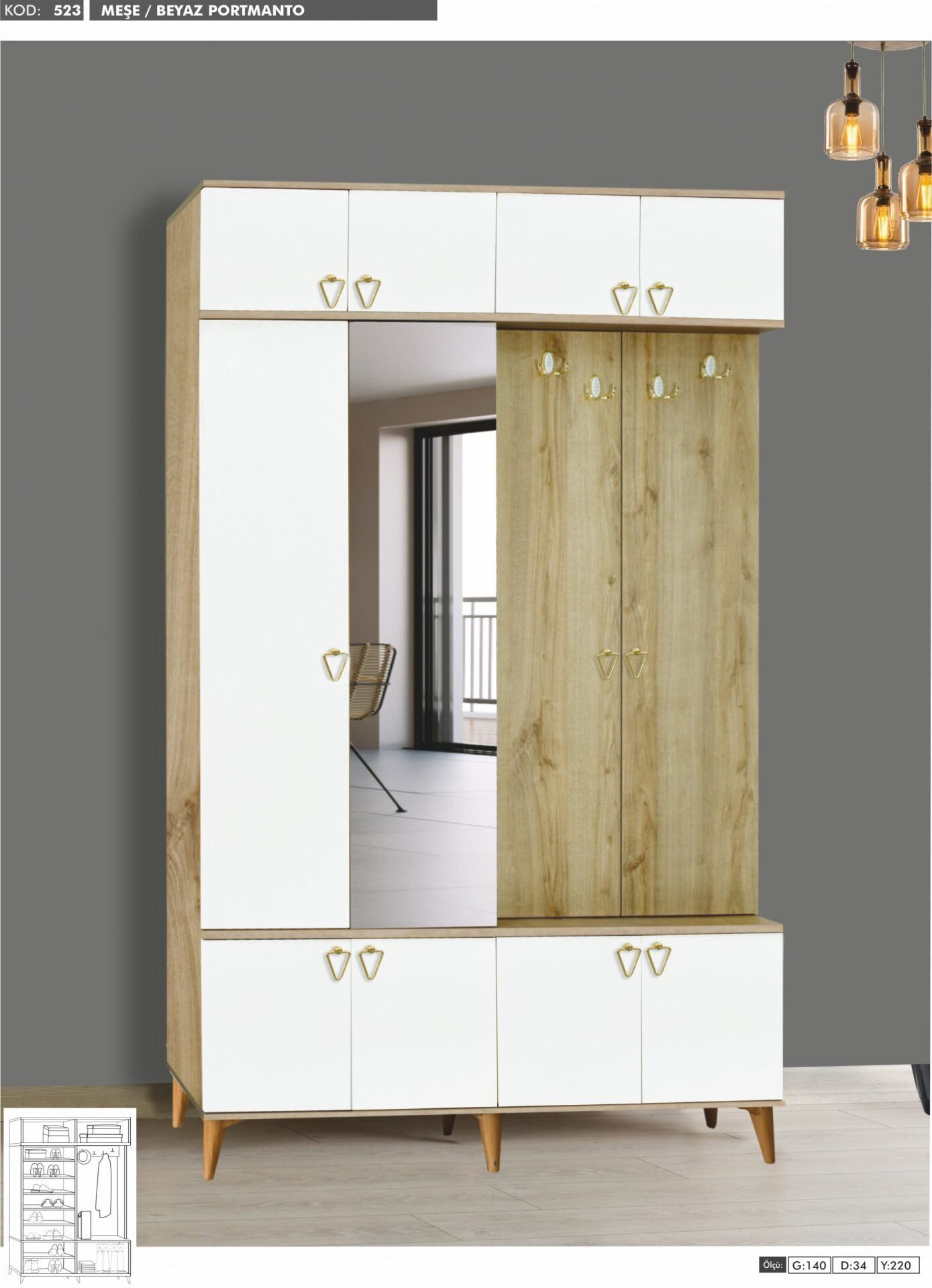 3 Kapılı Aynalı Çam/Beyaz Yüklüklü Portmanto