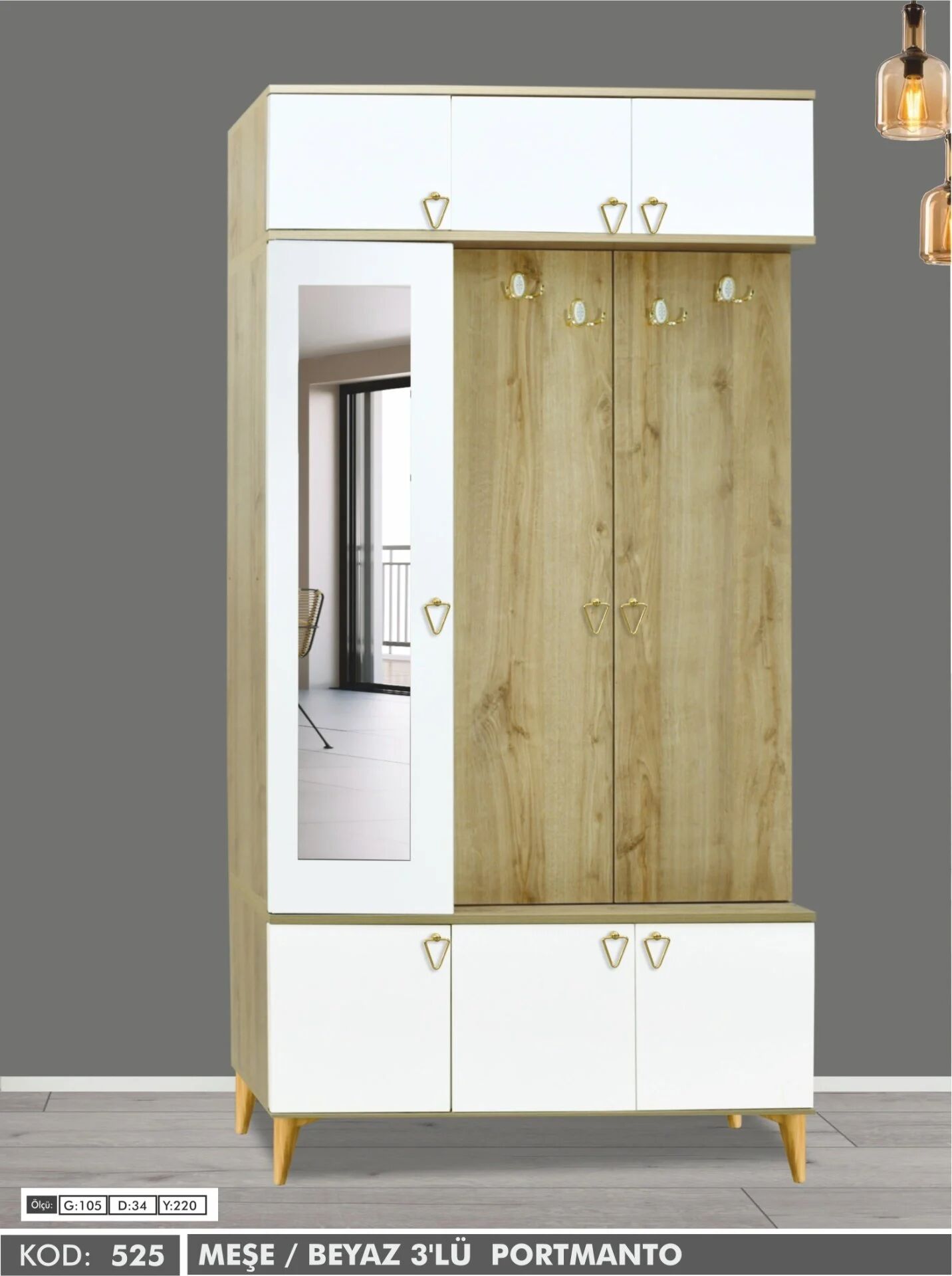3 Kapılı Aynalı Çam/Beyaz Yüklüklü Portmanto