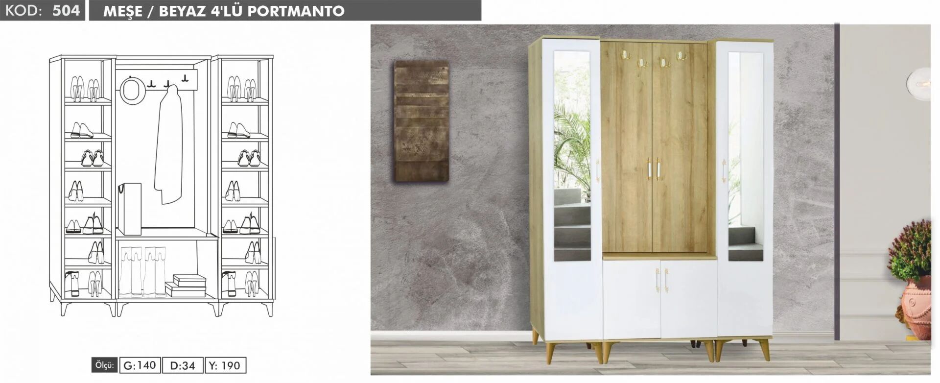 4 Kapılı 2 Aynalı Çam/Beyaz Portmanto