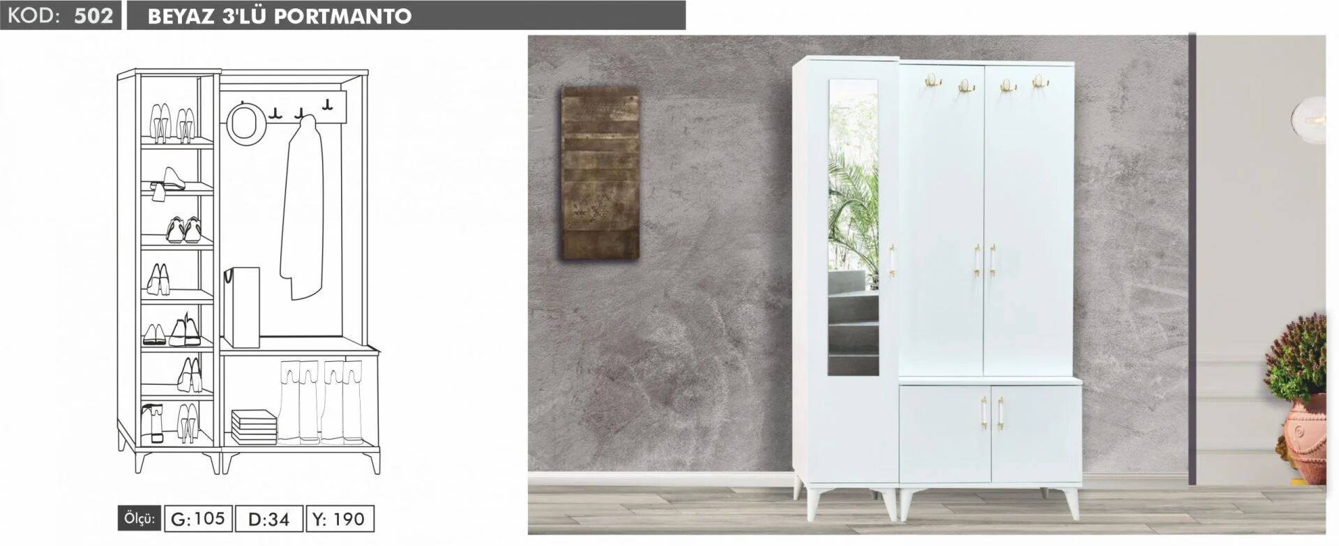 3 Kapılı Aynalı Beyaz Portmanto