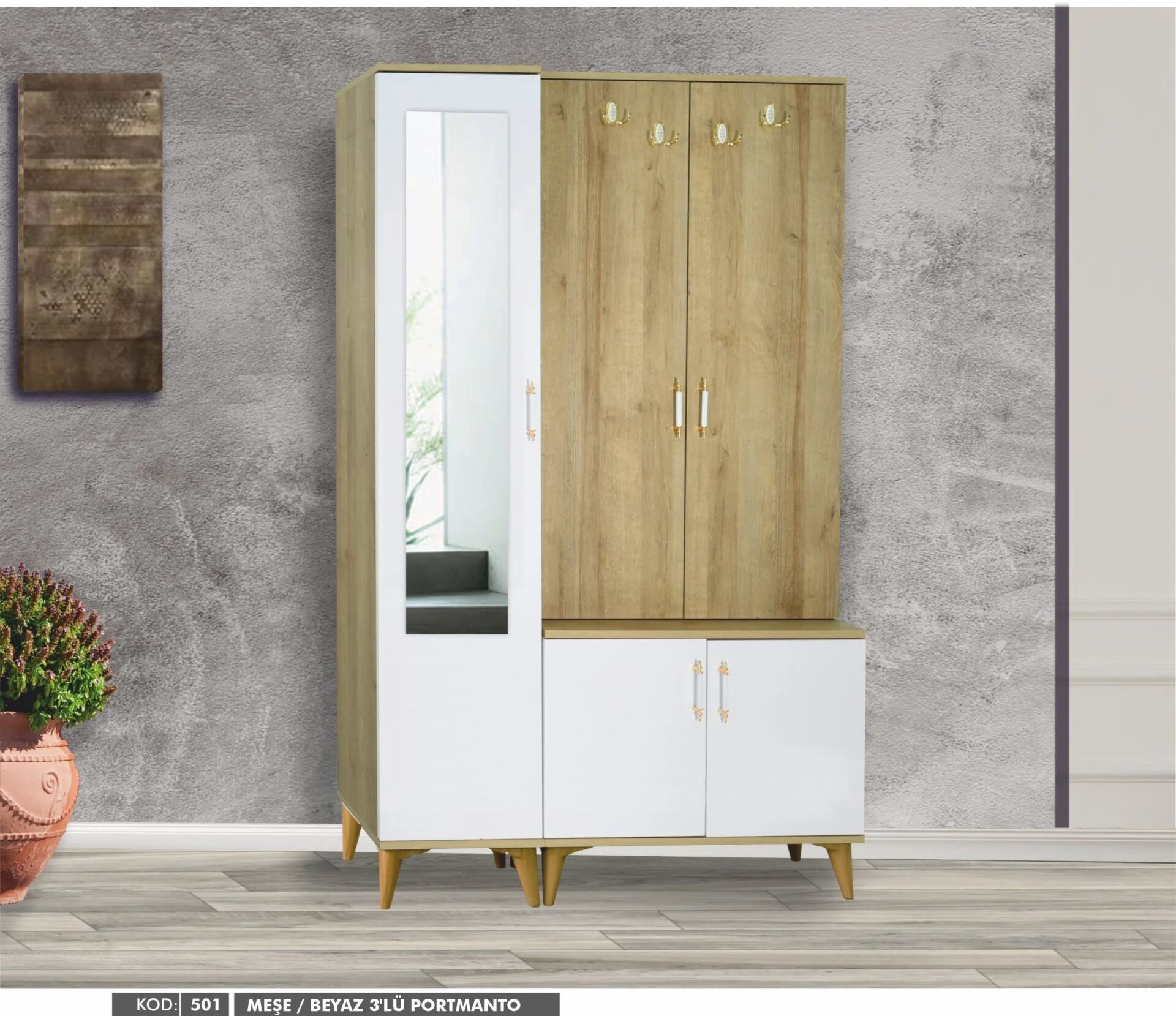 3 Kapılı Aynalı Çam/Beyaz Portmanto