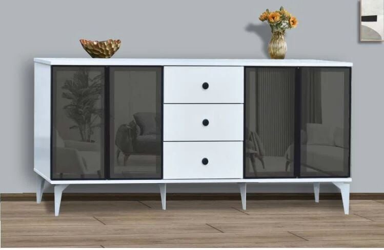 4 Kapılı 3 Çekmeceli Aynasız Beyaz Akabe Reflekte Camlı Konsol