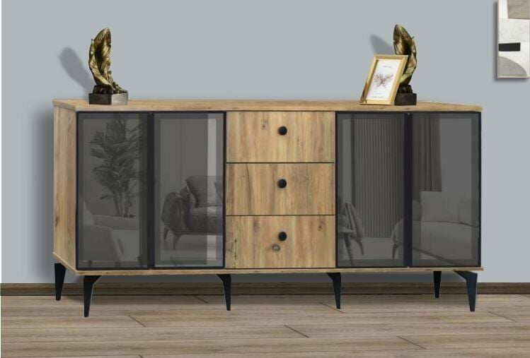 4 Kapılı 3 Çekmeceli Aynasız Çam Akabe Reflekte Camlı Konsol