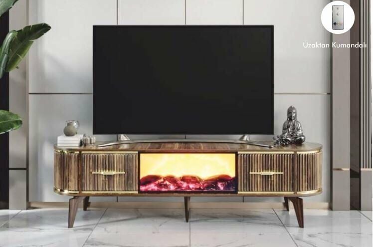 2 Kapılı Ceviz Uzaktan Kumandalı Şömineli TV Sehpası
