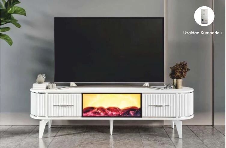 2 Kapılı Beyaz/Gümüş Uzaktan Kumandalı Oval TV Sehpası