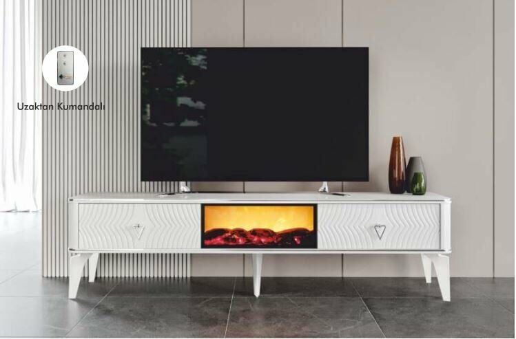 2 Kapılı Beyaz/Gümüş Uzaktan Kumandalı Smart Şömineli TV Sehpası