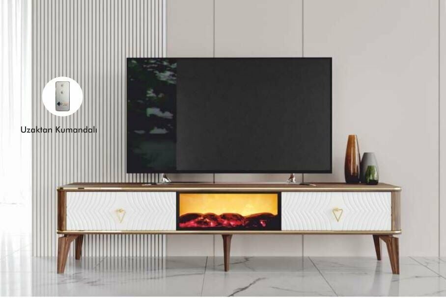 2 Kapılı Ceviz/Beyaz Uzaktan Kumandalı Smart Şömineli TV Sehpası