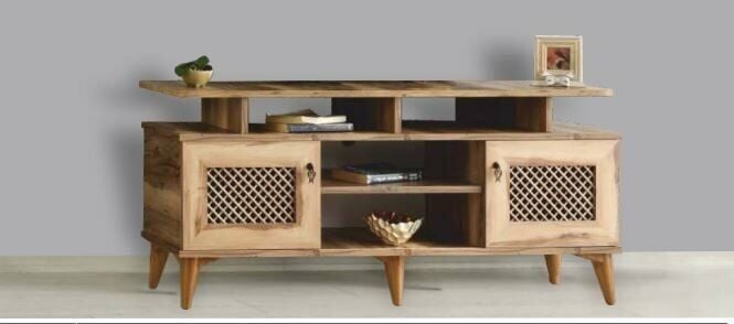 2 Kapılı Çam Hasırlı TV Sehpası